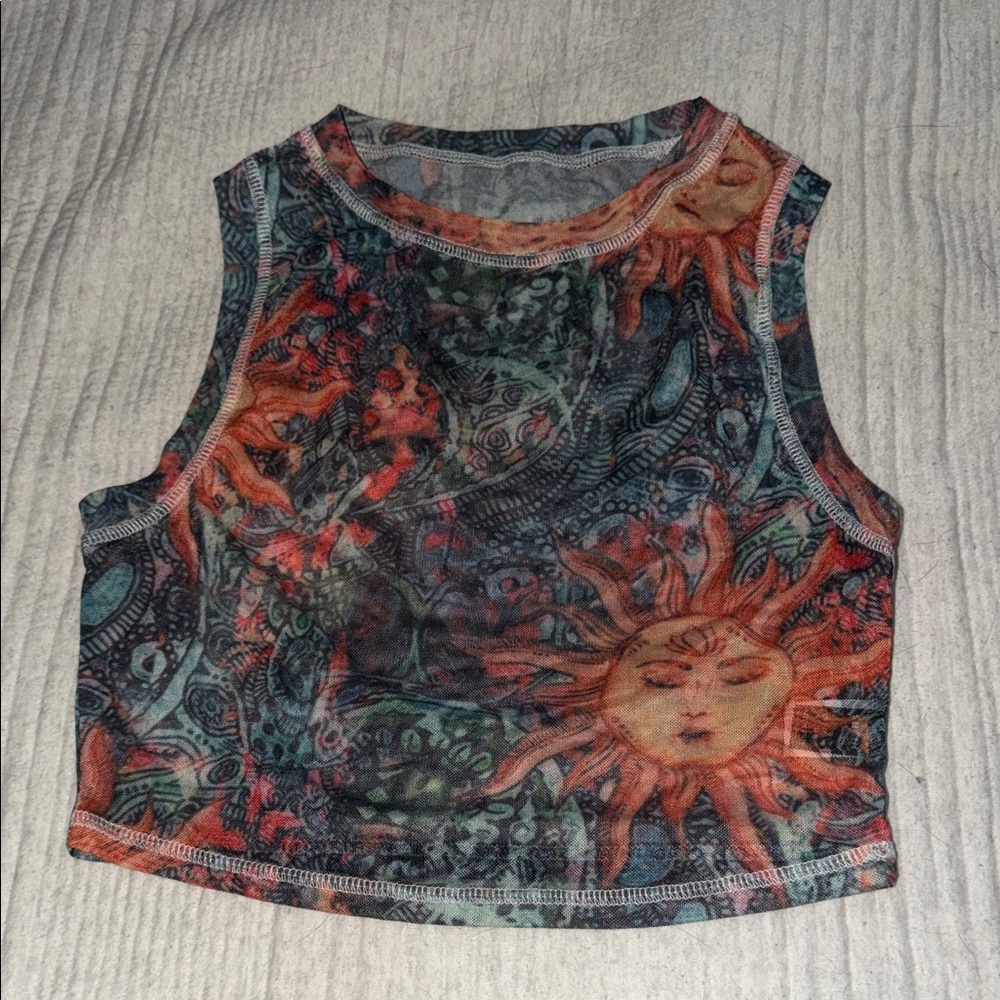 Sun and Moon Patterned Mesh Crop Top